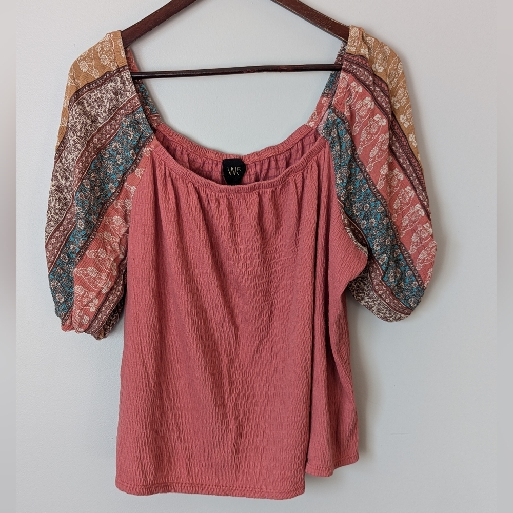 Anthropology W5 Smocked Balloon Sleeve Women Top Size XL Off the Shoulder Office